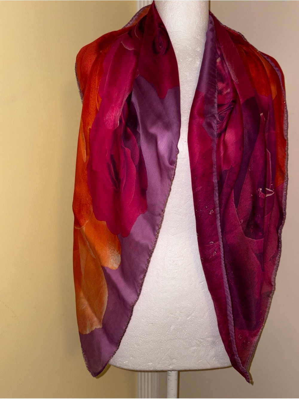 Vintage Roberto Cavalli Floral Ombre Silk Scarf in Fuchsia and Orange 34”X 34”